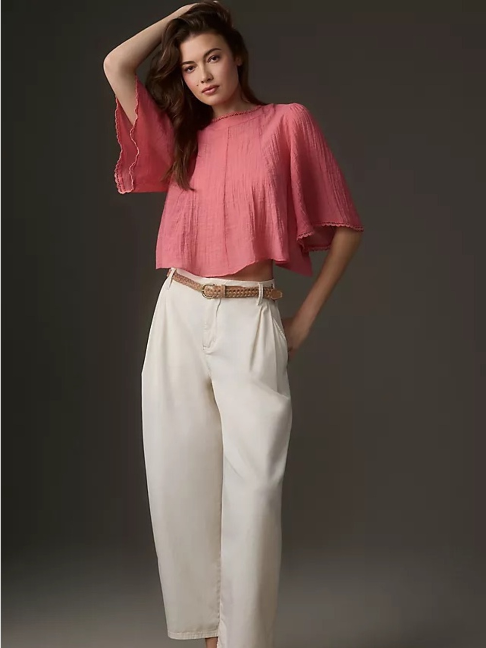 Anthropologie Sheer Swing Top in Coral Pink w/ Crochet Detailing/Flutter Sleeves